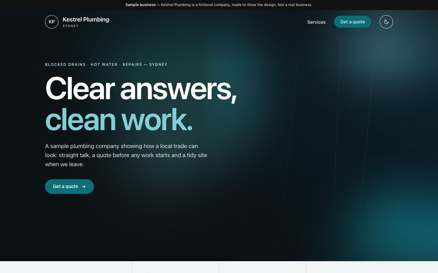 Homepage of Kestrel Plumbing, a fictional sample business