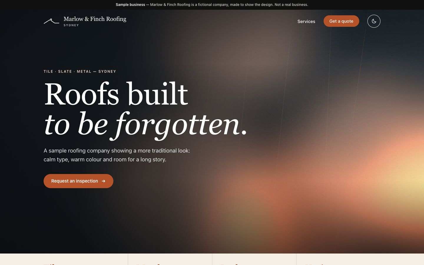 Homepage of Marlow & Finch Roofing, a fictional sample business
