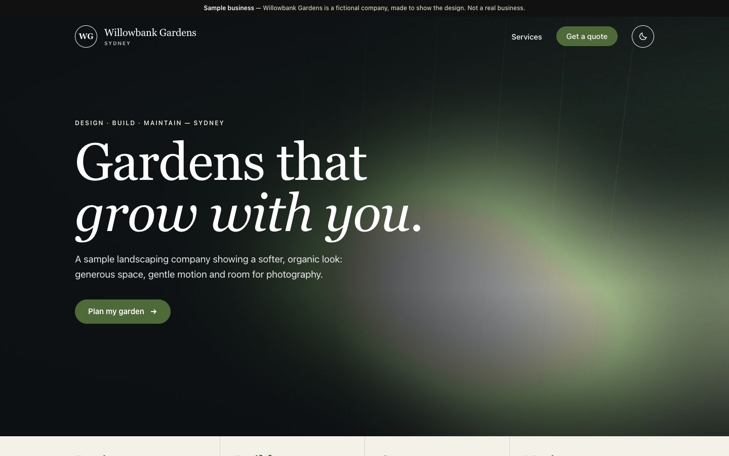 Homepage of Willowbank Gardens, a fictional sample business